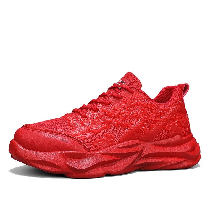 Casual sneakers with Chinese dragon patterns in white jade, golden and dark night designs, rubber soles