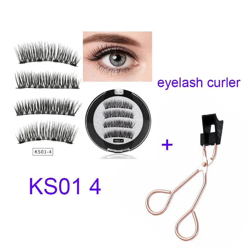 Four magnet false eyelashes in imported fibre with hand made construction and optional eyelash curler