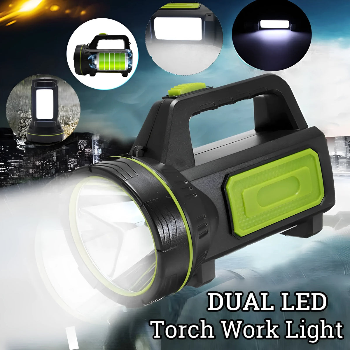 Green rechargeable super bright LED flashlight with USB port on a table