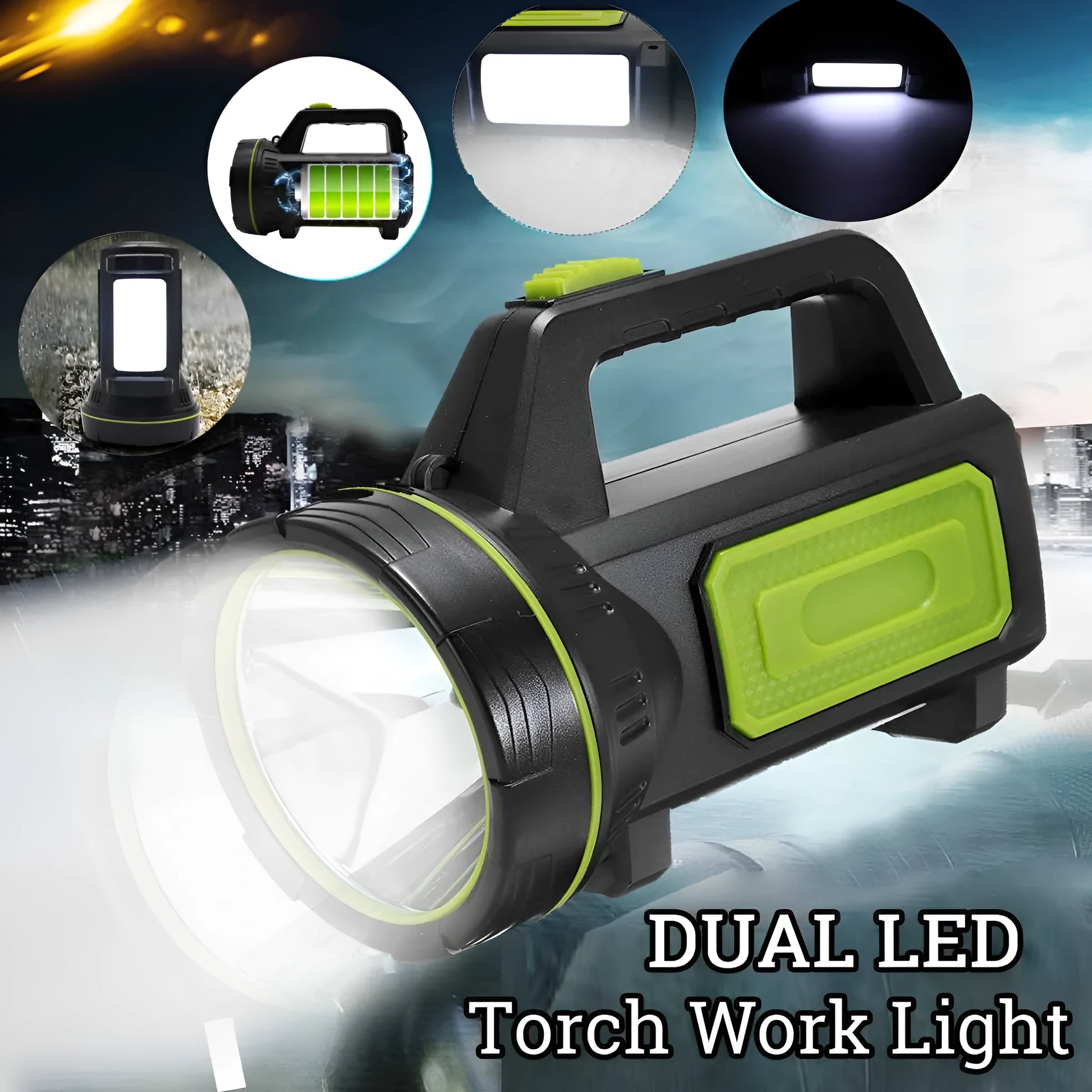 Green rechargeable super bright LED flashlight with USB port on a table
