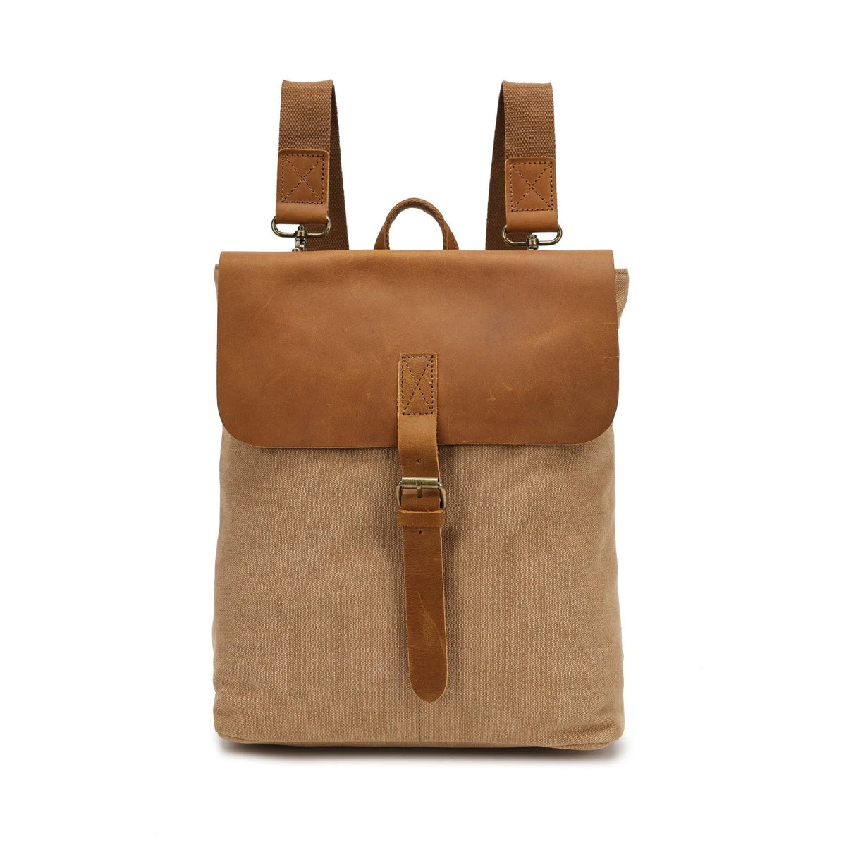 Crazy Horse leather detail casual student backpack in canvas, shown in one of five colour options.