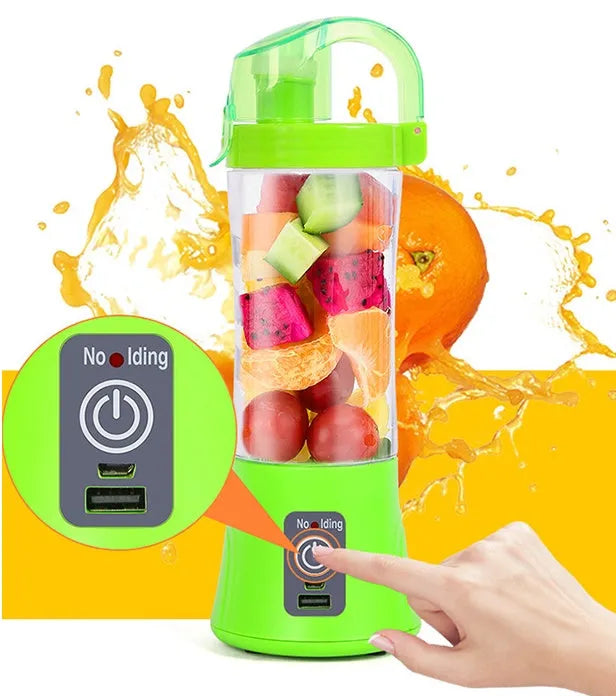 Blue handheld electric fruit juicer with USB port, 400ml cup, and blending blades on a kitchen counter