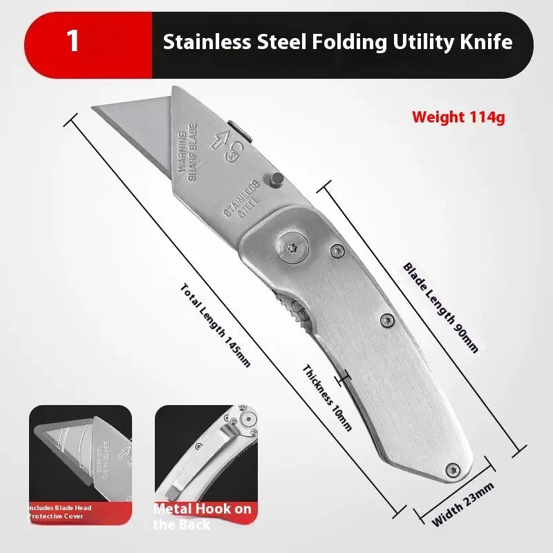 Stainless steel folding art knife with black blade and replacement blades