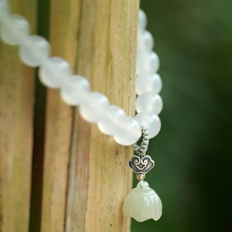S925 Sterling Silver White Agate and Hetian Jade Women's Bracelet, National Style Ethnic Geometric Design Lotus Pattern Adjustable Chain Fine Jewellery Gift