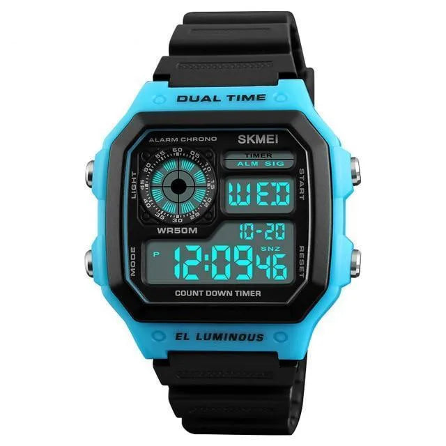 Skmei men's digital sports watch with 43 mm rubber case, PU strap, and LED display