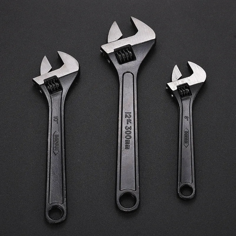 Black-finished high carbon steel adjustable wrench showing adjustable jaw mechanism.