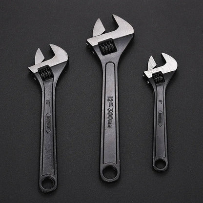 Black-finished high carbon steel adjustable wrench showing adjustable jaw mechanism.