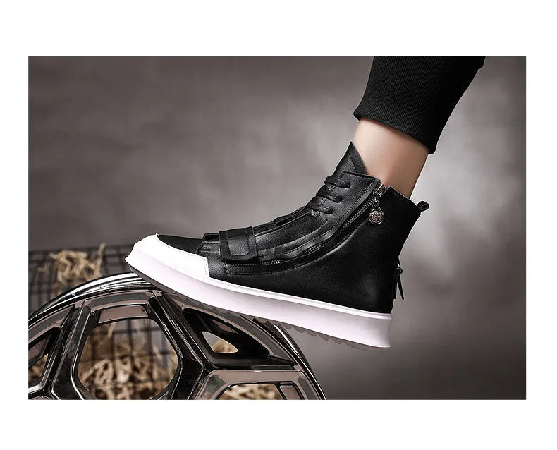 Men's black and white PU leather ankle boots in high-top sneaker style with microfiber upper, sizes 38-43