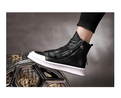 Men's black and white PU leather ankle boots in high-top sneaker style with microfiber upper, sizes 38-43