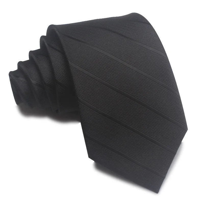 Close-up of a red and black striped men's business tie with a textured Jacquard weave, showing the 8cm width and arrow point shape.