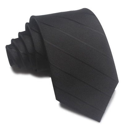 Close-up of a red and black striped men's business tie with a textured Jacquard weave, showing the 8cm width and arrow point shape.