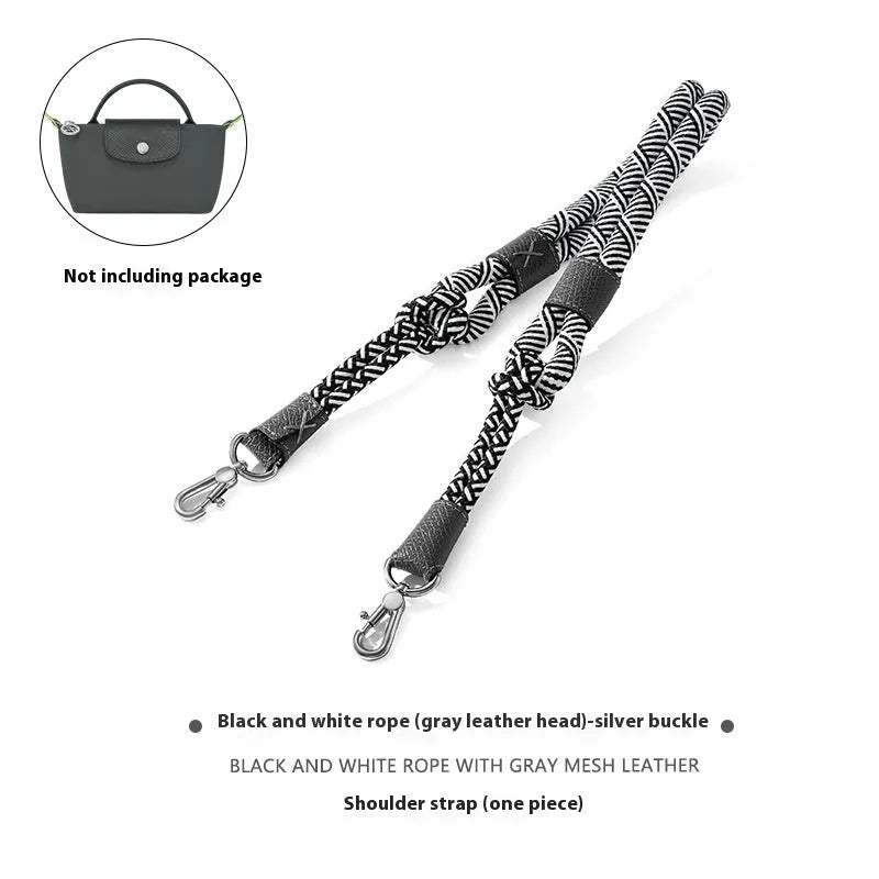 Braided rope and leather shoulder strap with a metal buckle in gold or silver finish