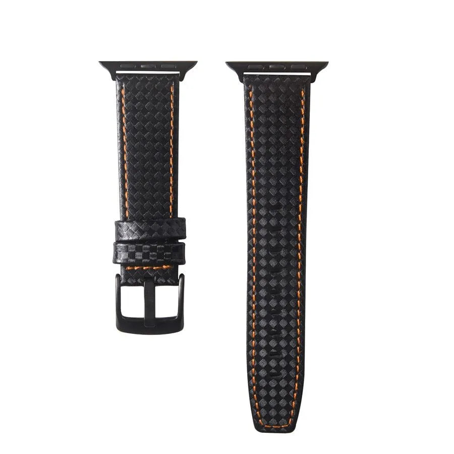 Leather Apple Watch strap with carbon fibre pattern case in red, black, orange, and blue colour options.