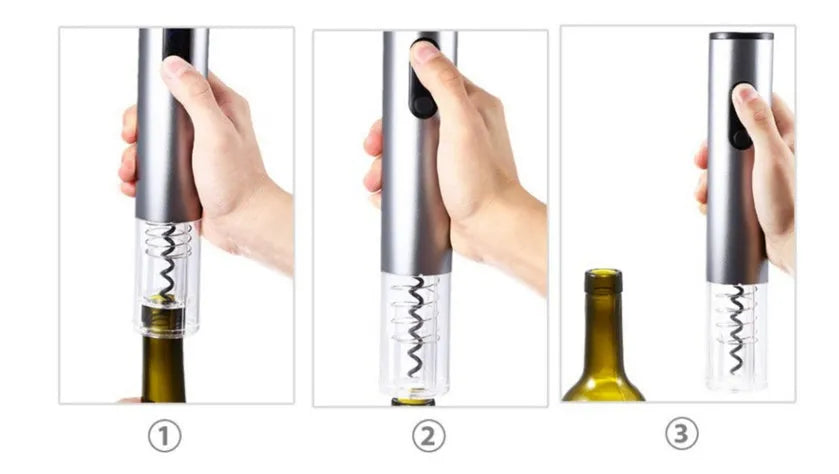 Silver electric wine bottle opener with integrated foil cutter on kitchen counter