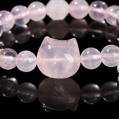 Women's geometric cat head bracelet with pink crystal beads and copper setting