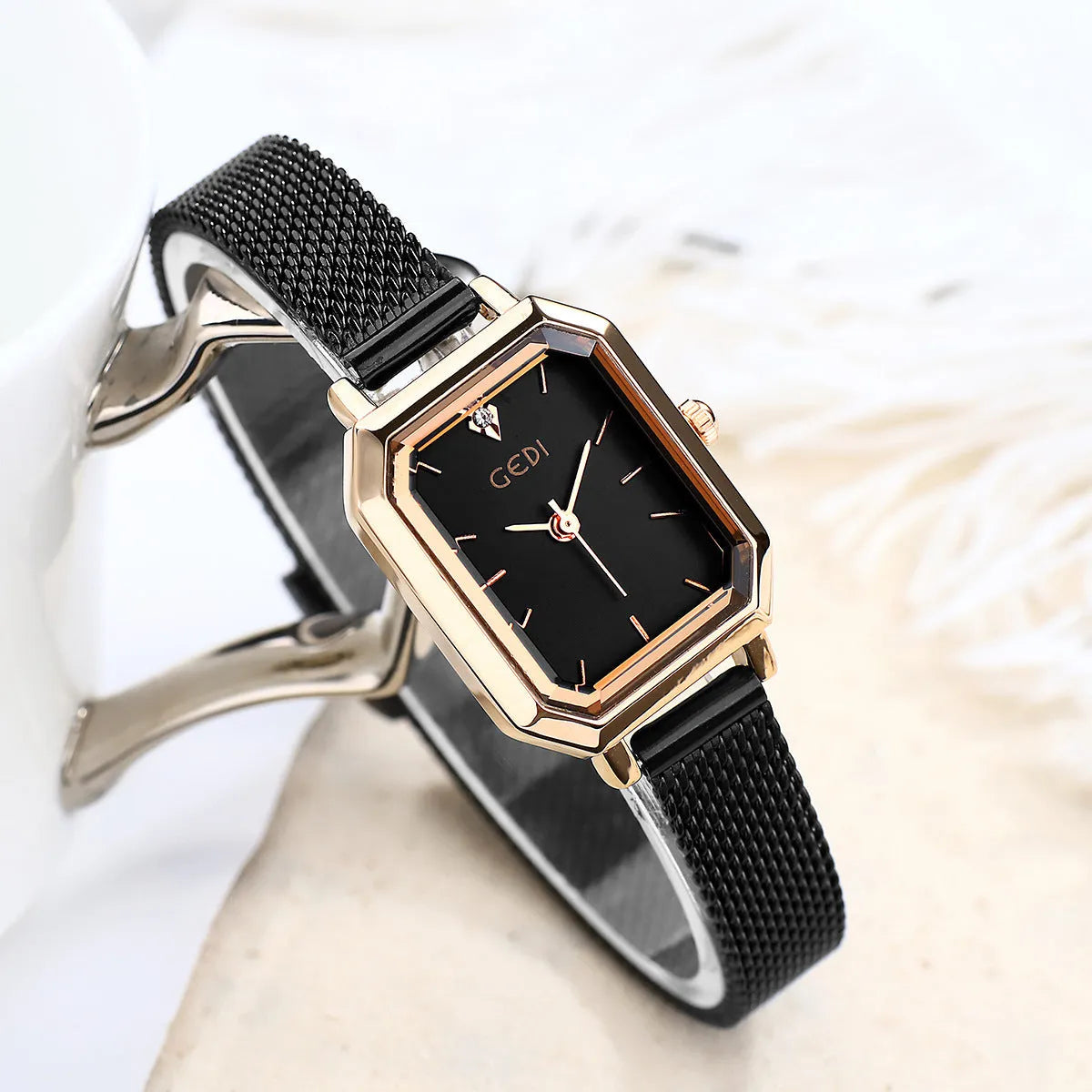 Women's square retro casual watch with rose gold shell case in various colour combinations