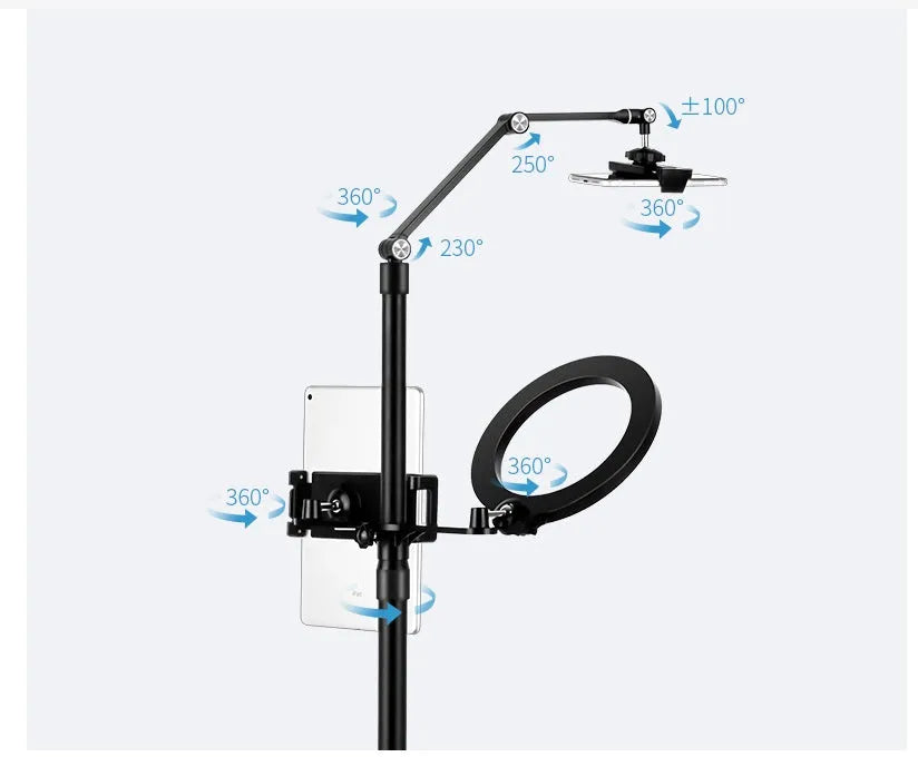 Black aluminium floor stand with USB fill light for mobile phone and tablet live streaming