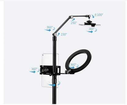 Black aluminium floor stand with USB fill light for mobile phone and tablet live streaming