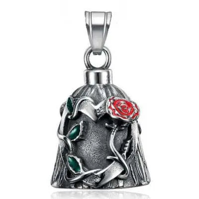Polished titanium steel motorcycle bell with a double-sided epoxy rose design on a geometric shape.