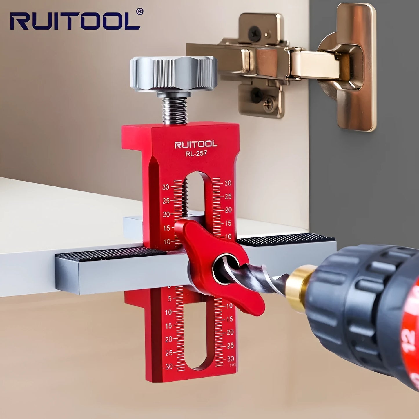 Aluminium alloy cabinet door installation jig for hinge and handle fitting.