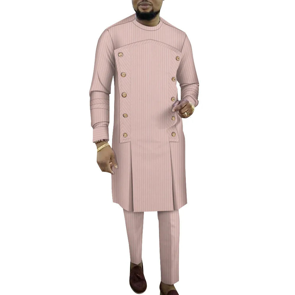 Cotton African striped men's long sleeve top and trousers two-piece loungewear set