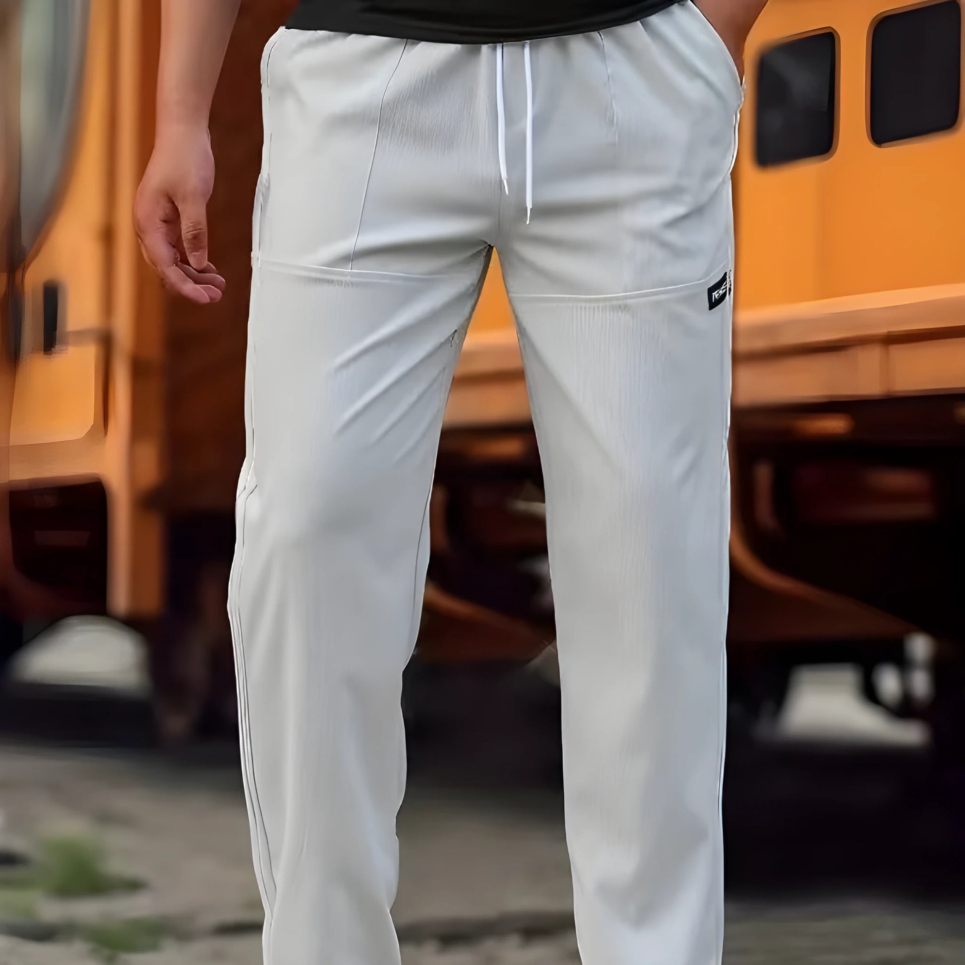 Men's light grey polyester trousers with an elasticated waistband laid flat