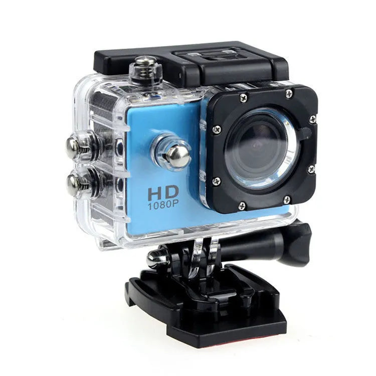 White waterproof sports camera next to its waterproof case and mounting accessory.