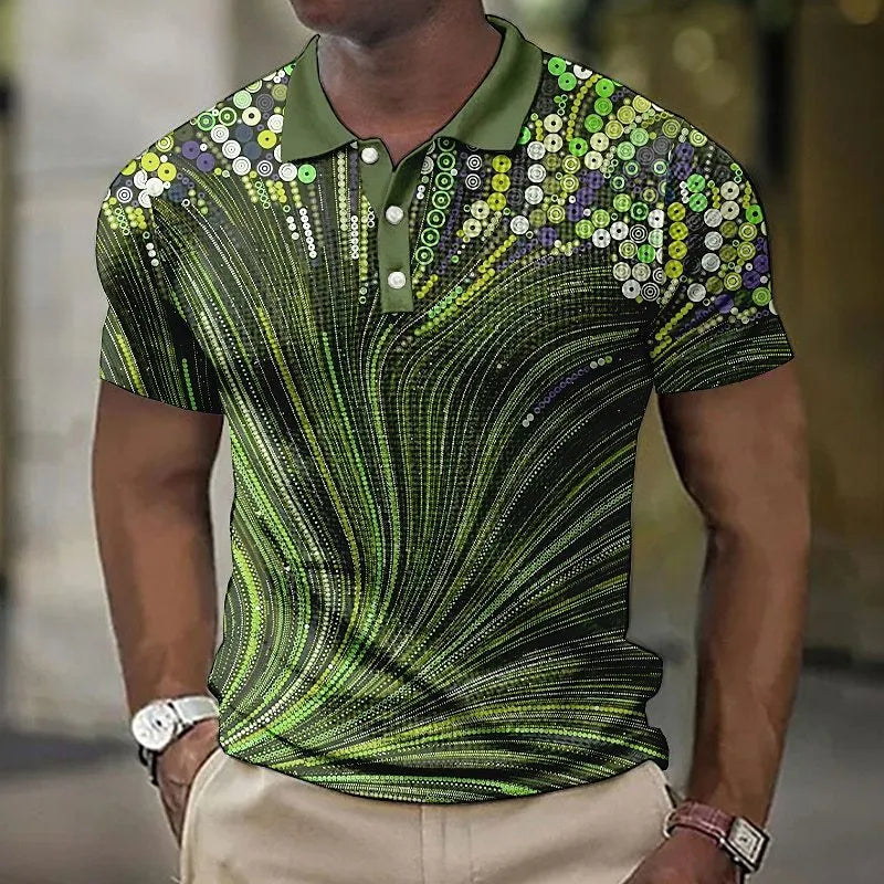 Men's geometric striped button shirt with asymmetric design and short sleeves
