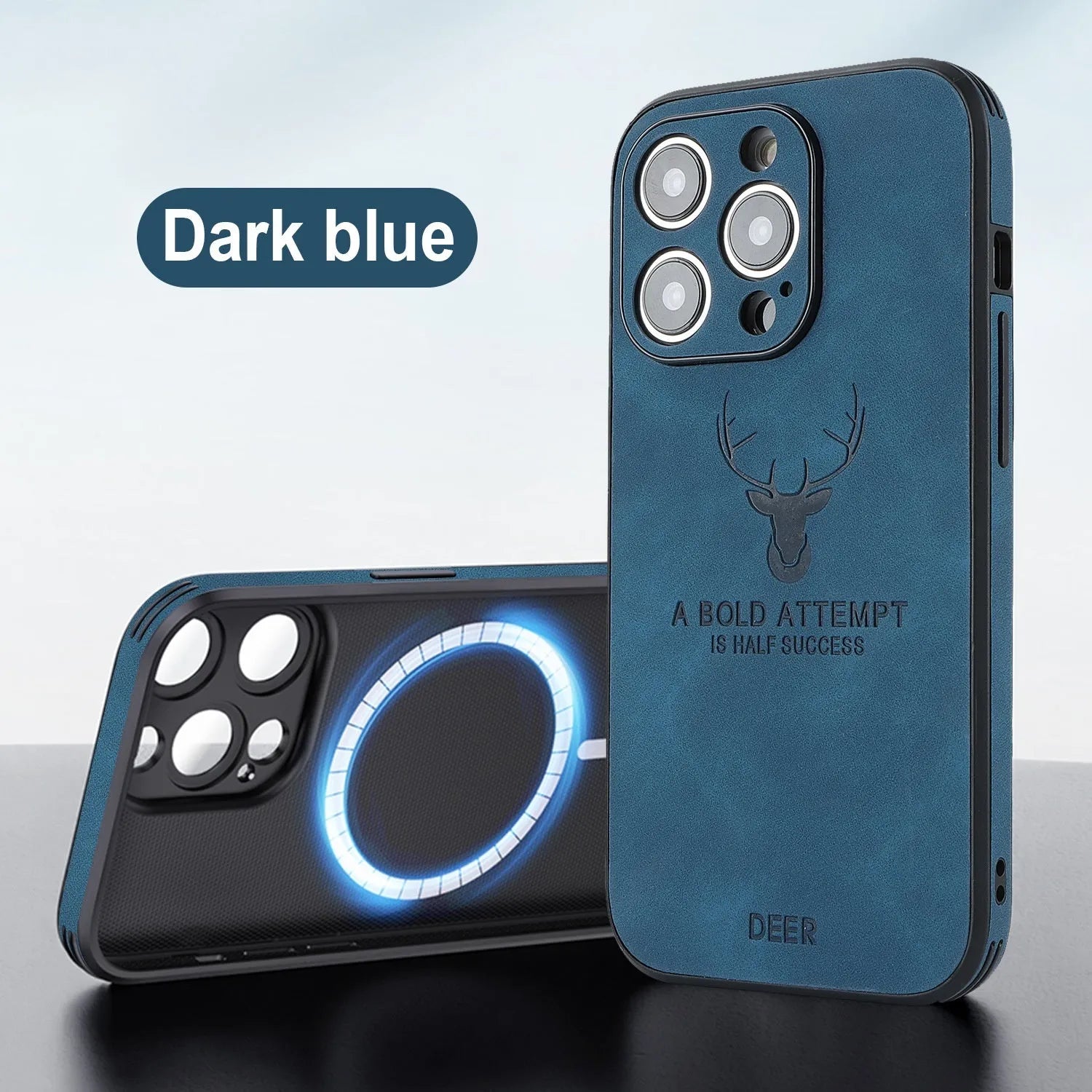 iPhone 16 magnetic charging case with a raised 3D embossed moose head pattern on a faux leather back in dark green.