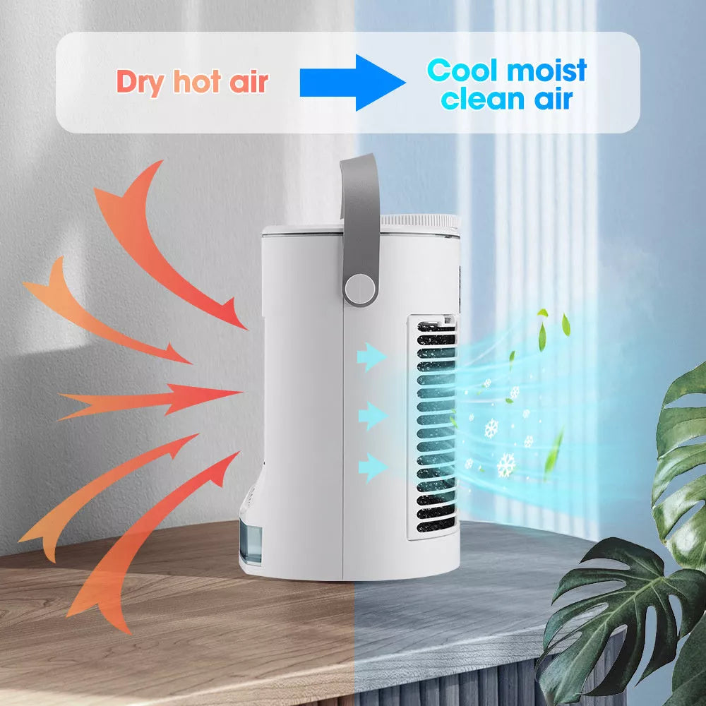 Compact USB-powered mini air cooler with humidification spray, bladeless design for safety