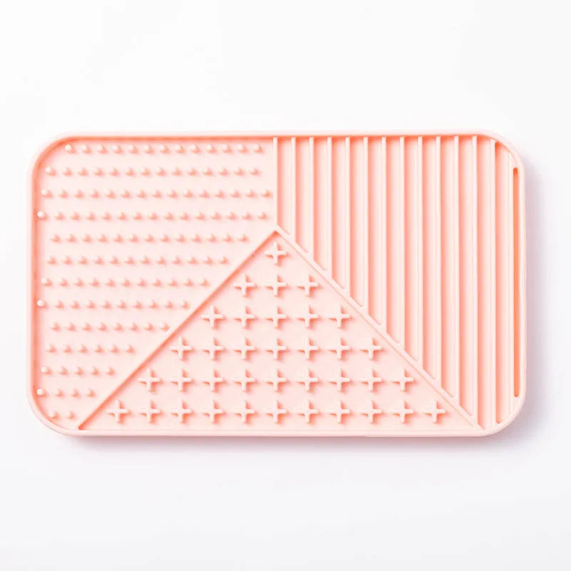 Silicone pet licking mat with suction cup base in pink, grey, or khaki colour options
