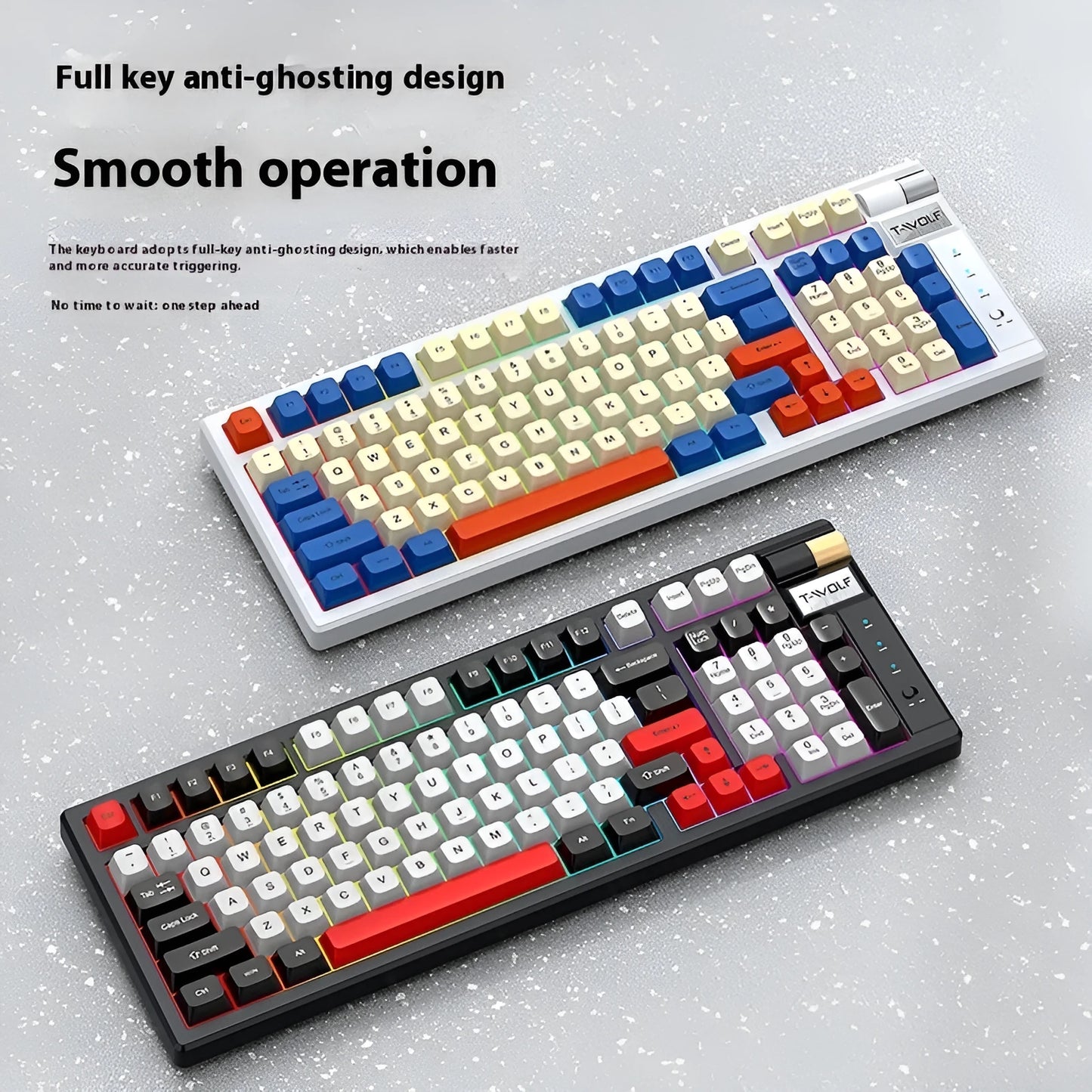 Bluetooth mechanical keyboard with USB charging cable in blue orange or black and red colours