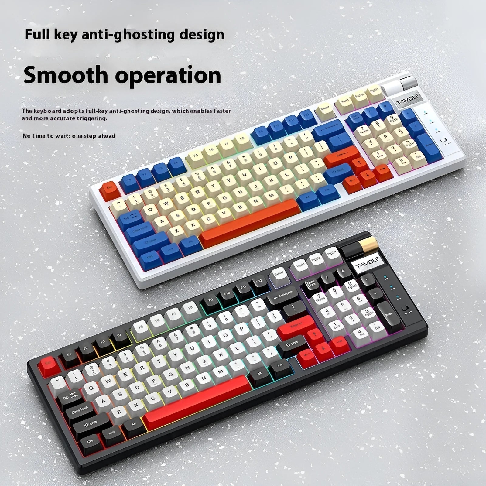 Bluetooth mechanical keyboard with USB charging cable in blue orange or black and red colours