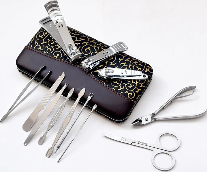 9-piece stainless steel nail clipper set, 10cm by 8cm by 2cm, 123g, compact manicure kit with random colour tools