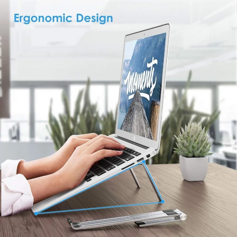 Aluminium notebook stand or laptop bracket with adjustable viewing angle made from strong aluminium alloy in black or silver colour measuring 26 x 4.7 x 2.9 cm for comfortable typing and screen positioning
