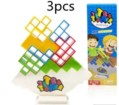 Plastic balance stacking game with 16 colourful blocks, chassis, and base for kids and adults