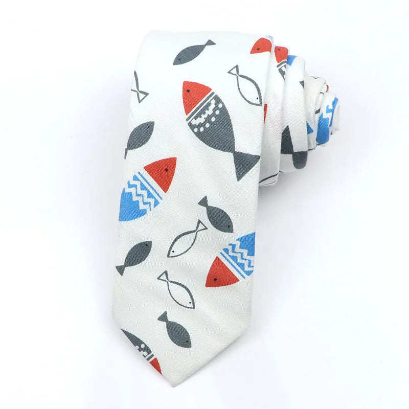 Korean style narrow men's cotton bow tie with a printed cartoon pattern on an adjustable fabric strap.