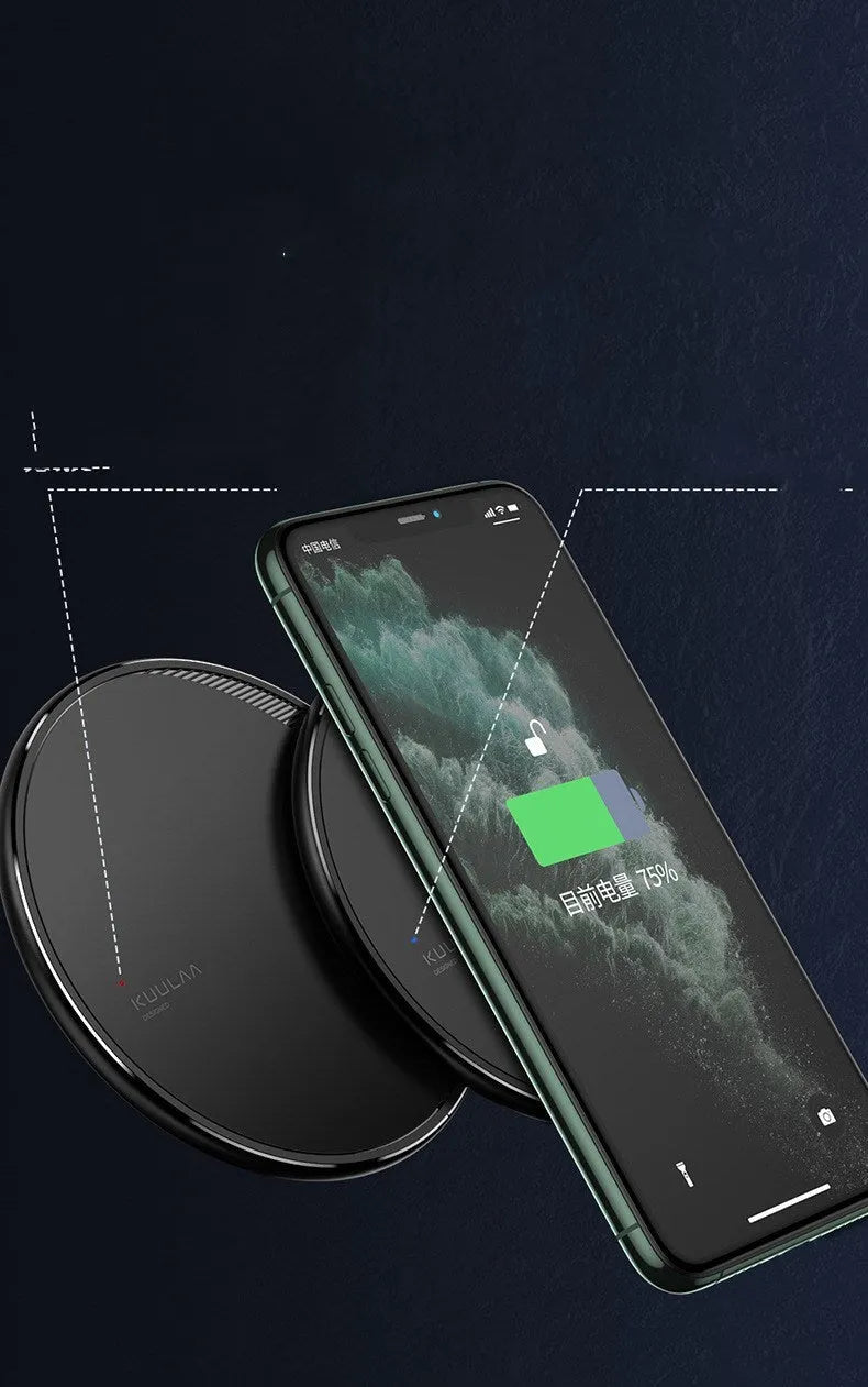 Black circular wireless charging disc for mobile phones with indicator light
