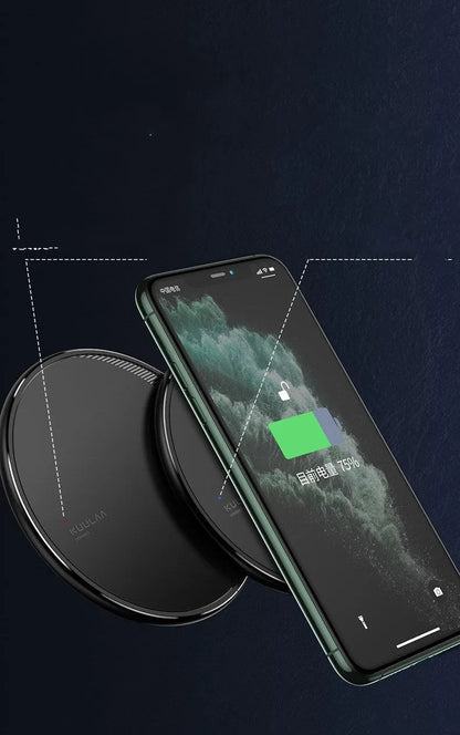 Black circular wireless charging disc for mobile phones with indicator light