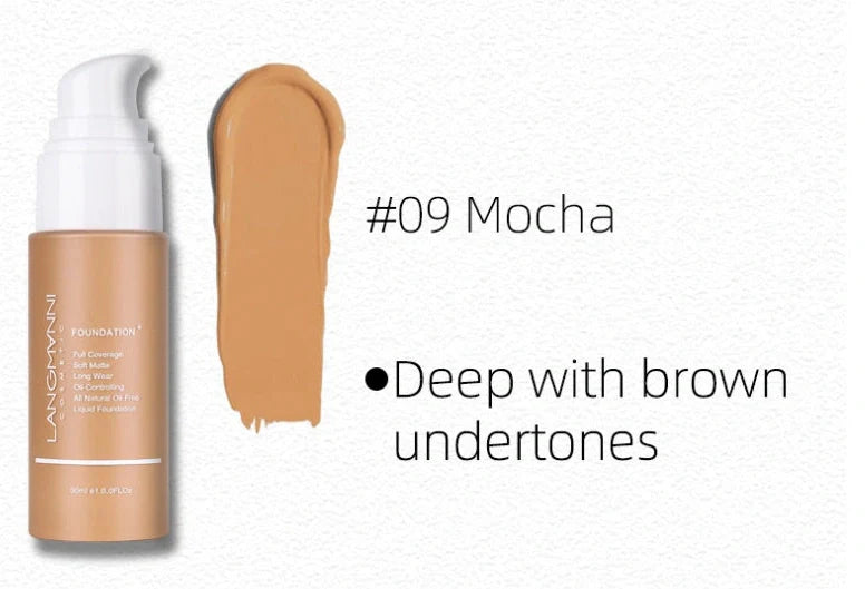 Matte oil control concealer liquid foundation in 30ml container with 13 shade options displayed
