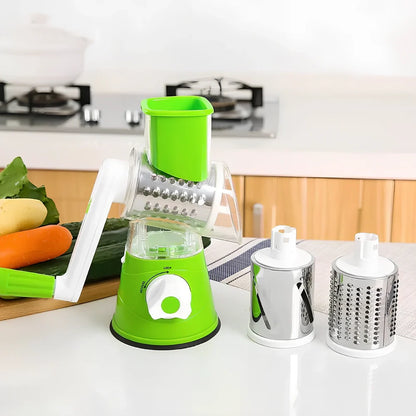 Hand drum rotary grater with stainless steel blades for vegetable preparation