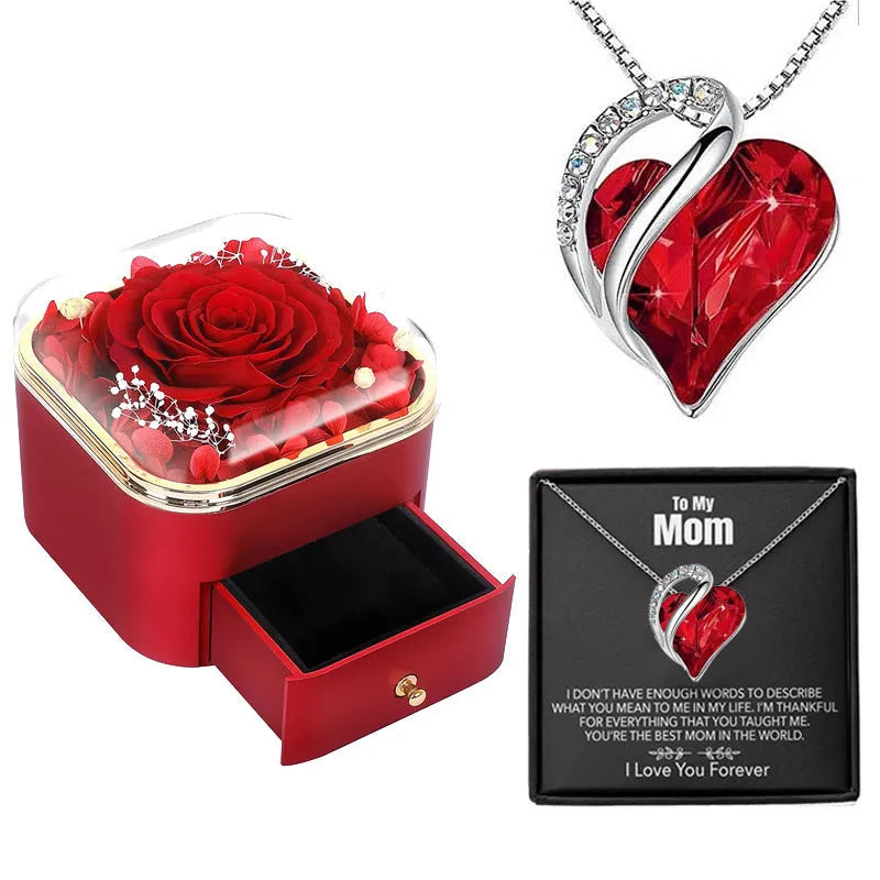 Valentine's Day rose flower drawer jewellery box with preserved eternal flowers and love crystal necklace gift set