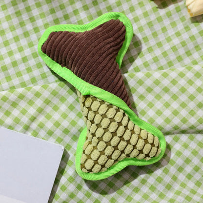 Blue plush teddy dog toy attached to a bone shape with corn fleece lining for bite-resistant chewing.