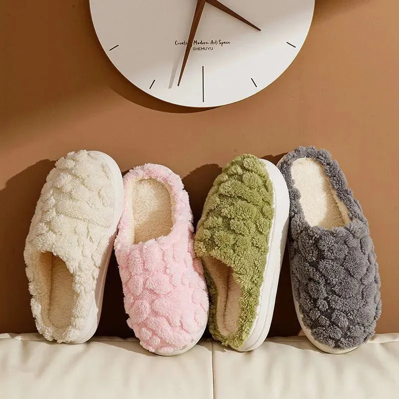 Unisex cartoon plush slippers with memory foam heels and anti-skid EVA soles in pink, green, beige, gray and brown