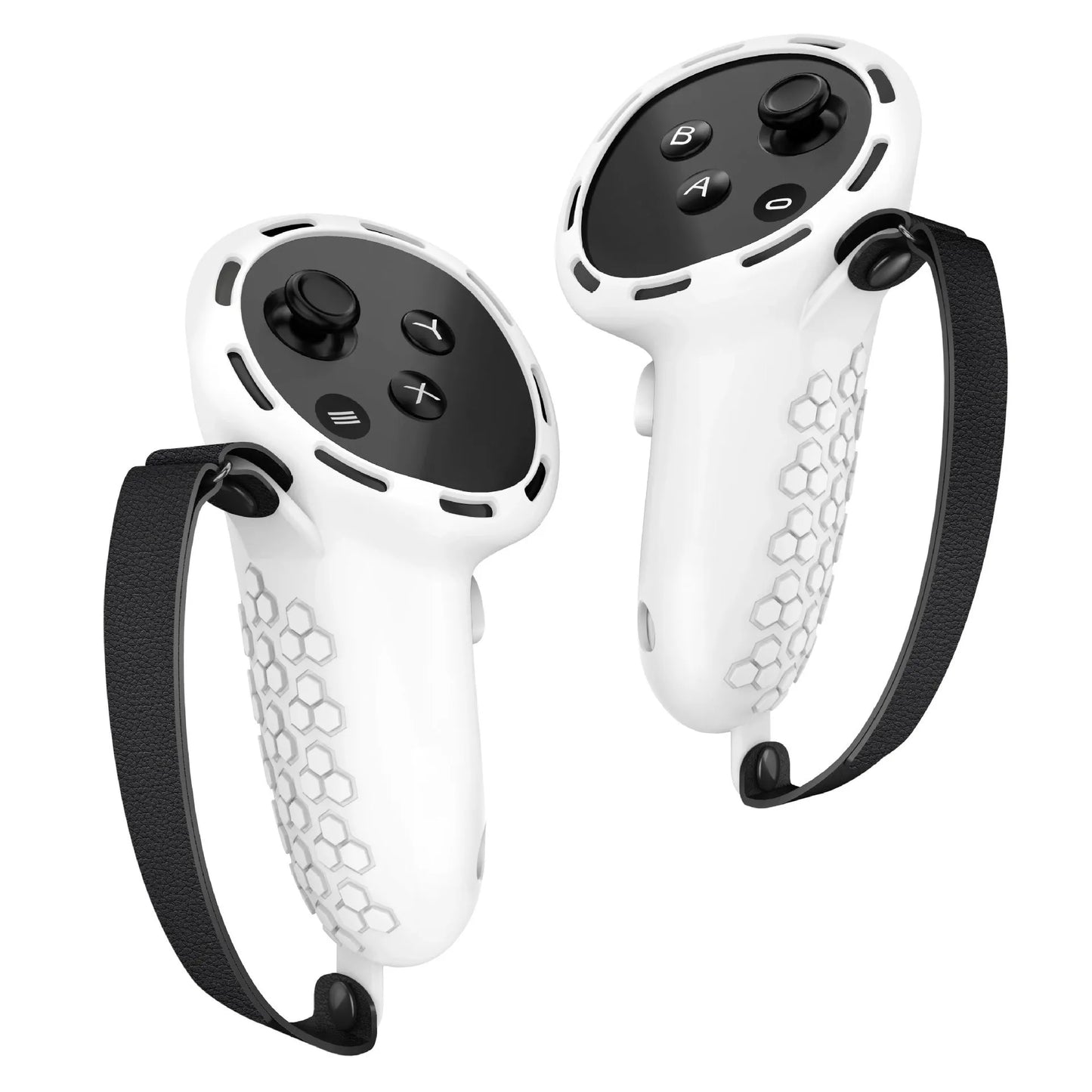 Silicone protective sleeve on a Meta Quest 3 VR controller handle in multiple colour options.