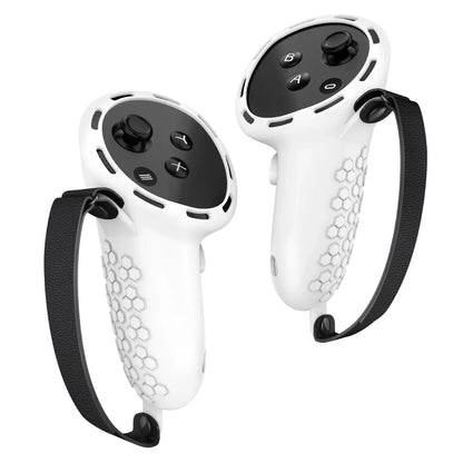 Silicone protective sleeve on a Meta Quest 3 VR controller handle in multiple colour options.