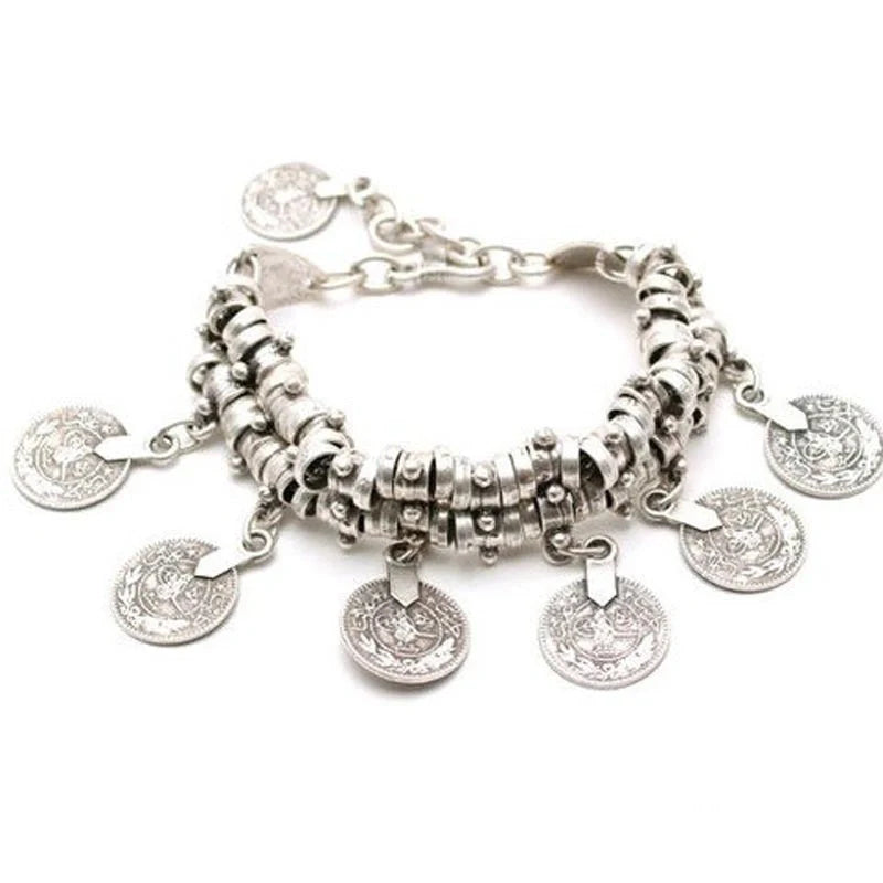 Elegant adjustable coin bracelet and anklet set in gold and silver
