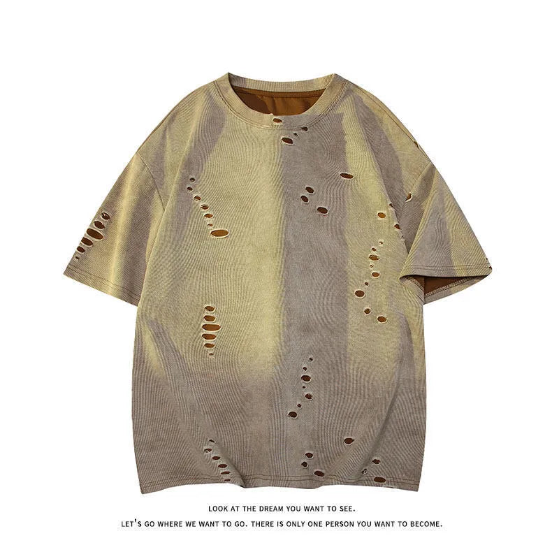 Men's grey distressed rip short sleeve t-shirt with loose fit cotton blend fabric