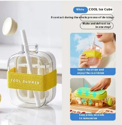 Portable instant ice maker cup in green colour with straw, showing one-click molding mechanism.