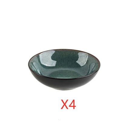 Retro European style porcelain bowls and plates set with round shape on dining table